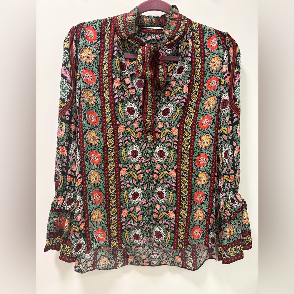 Alice + Olivia Reilly Ruffle Tie Neck Collar Flower Blouse Size XS - Picture 7 of 14